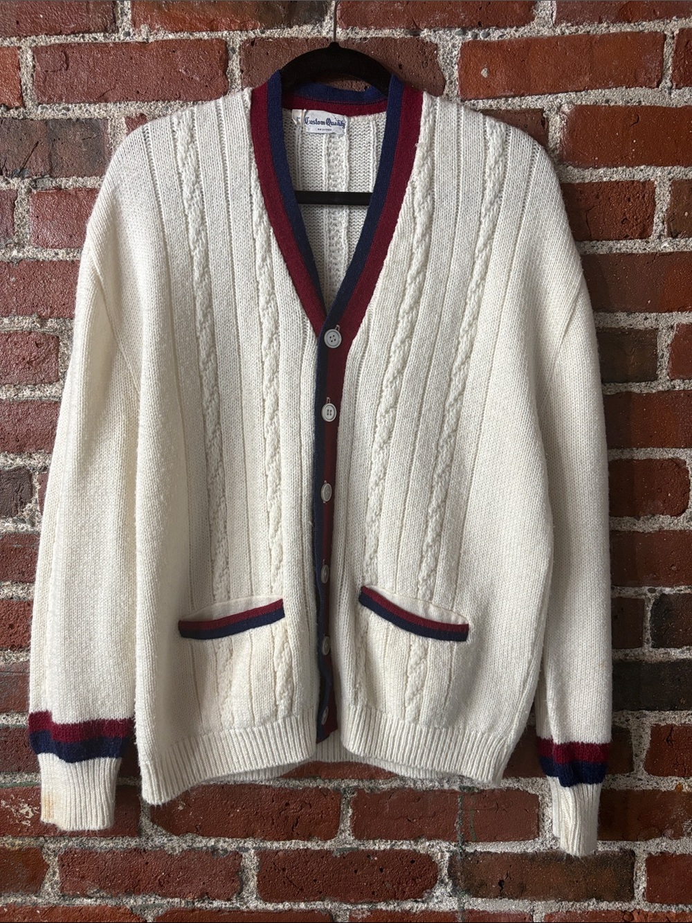 Vintage Cream Cable Knit Cardigan with Red & Navy Trim